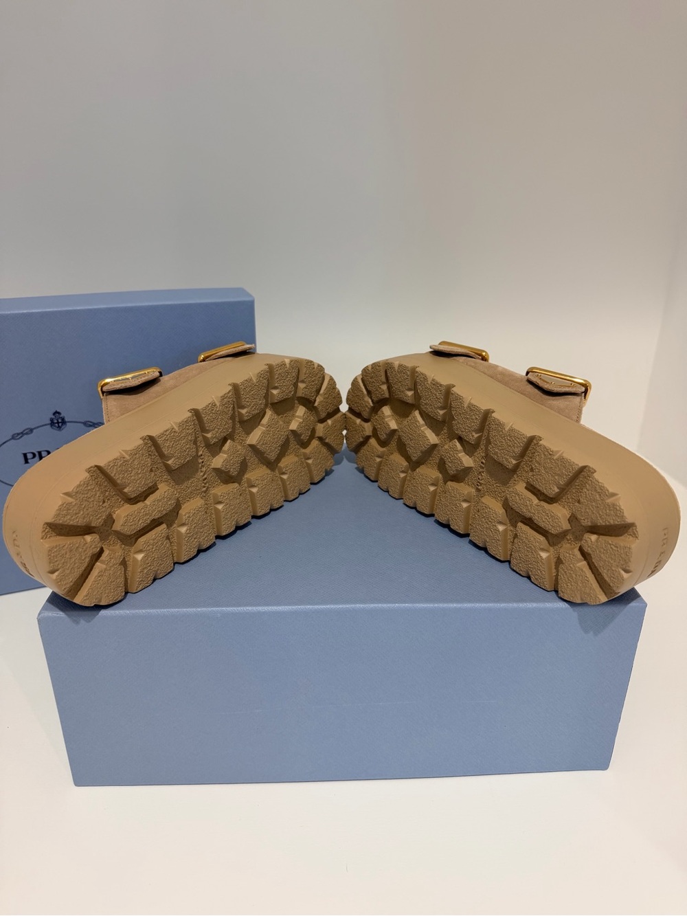 NWT SIZE 38- Prada Tan Suede Dual-Buckle Platform Sandals - Picture 4 of 8